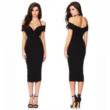Nookie Athena Off Shoulder Midi Dress Black Sweetheart Cocktail Stretch XS NWT
