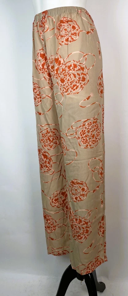 Harari 100% Silk Taupe red floral & ribbon print pants elastic waist L USA - Image 3 of 4