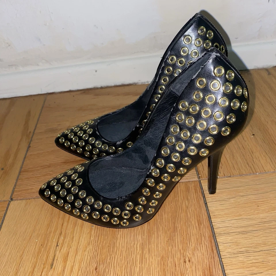 Steve Madden Heels Womens 7M Grommit Black Gold Leather Shoes Pumps Slip On - Image 4 of 4