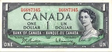 VINTAGE CANADA BANKNOTE 1954 1 DOLLAR PREFIX RM   NO543