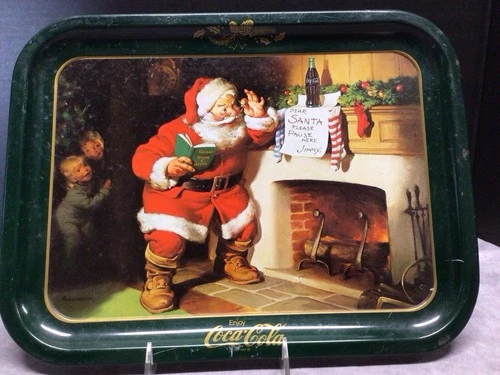 Vintage Coca-Cola Green Santa Claus At Fireplace Metal Serving Tray 13-3/4"