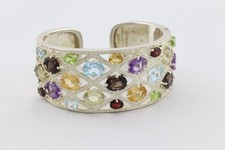 Sterling Silver Multi Gemstone Cuff Bangle Bracelet 6 1/2" inch