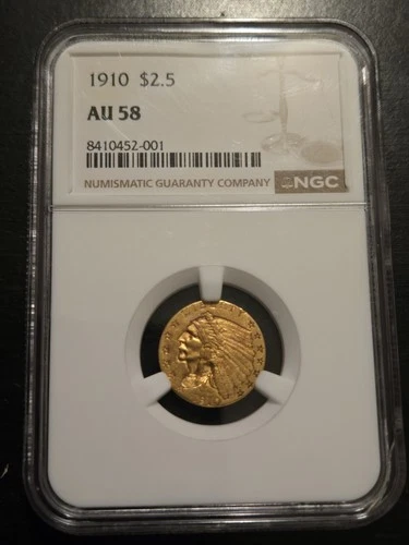 1910 $2.50 Indian Head Quarter Eagle Gold Coin NGC Certified AU 58