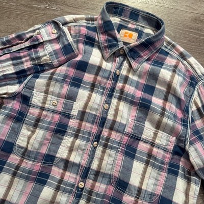 Boss Orange Hugo Boss Shirt Mens M Blue Pink Plaid Cotton Button Down Roll Tab