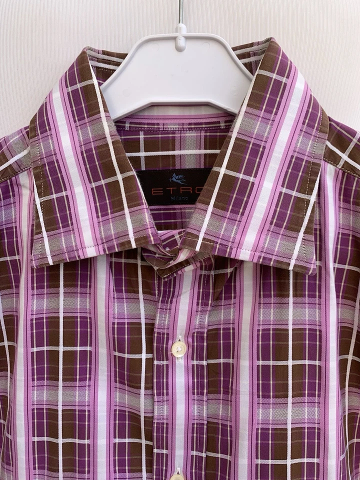 Etro Milano Shirt 43/17 ( L ) - Purple Plaid - Made in Italy - 100% Cotton - #C6 - Image 2 of 4