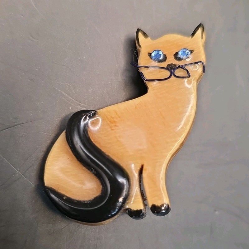Avon Cat Brooch Pinback w/ Glasses, Blue Rhinestone Eyes, Tan & Black, Wood
