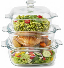 Square Glass Casserole Dishes With Lids Oven Proof 0.8/1.2/1.5 Ltr 3Pcs Set