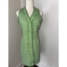 LENA Green Plaid Fringed Halter Neck Sheath Dress Women's Size S