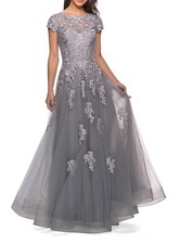 La Femme 26907 Embroidered Capsleeve A-Line Gown SZ 6  578 Silver