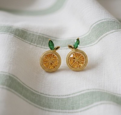 Baublebar Orange Fruit Earrings  Stud CZ Crystal Green Gold Gemstone Lemon