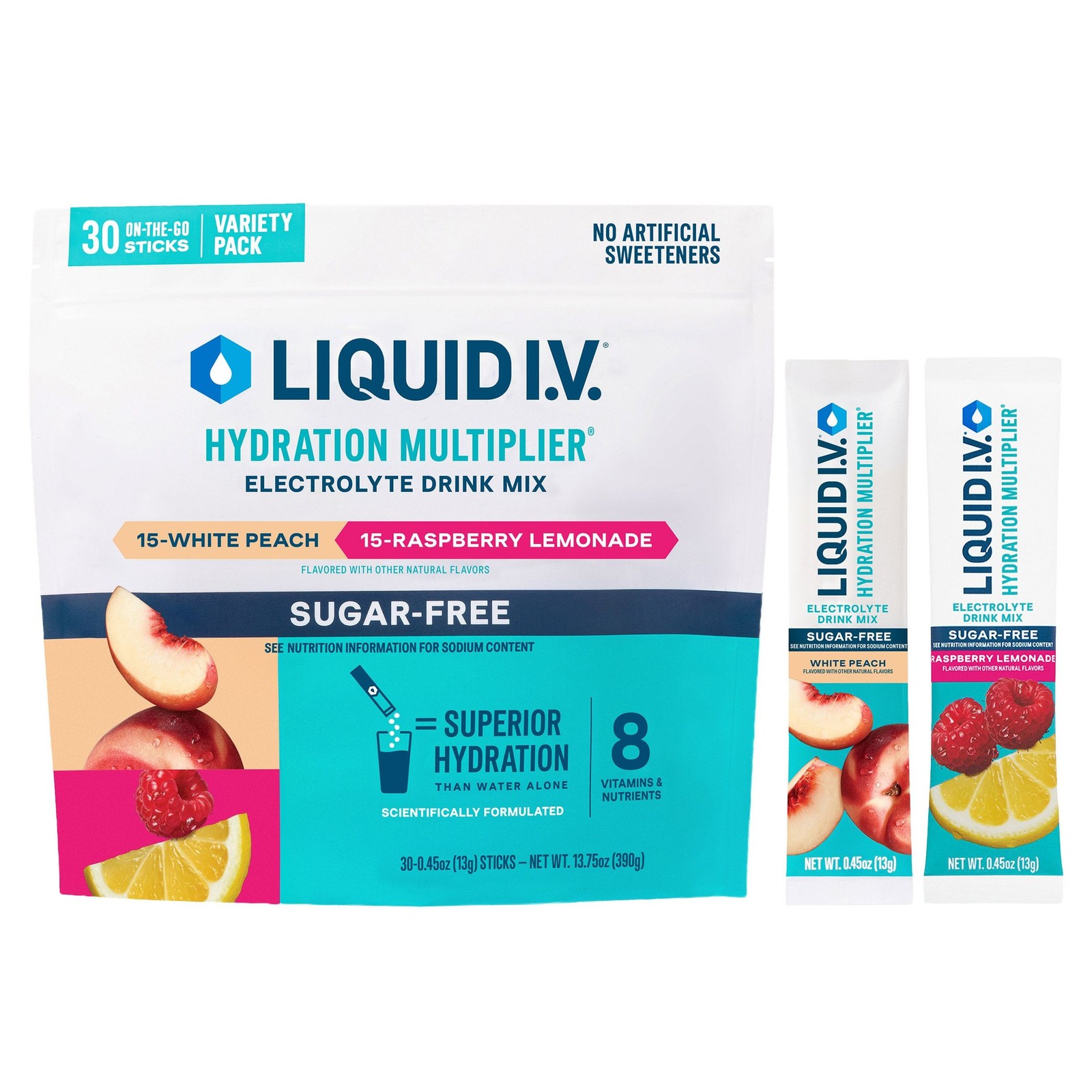 Liquid I.V. Electrolytes Drink Mix, White Peach & Raspberry Lemonade, 30 Sticks