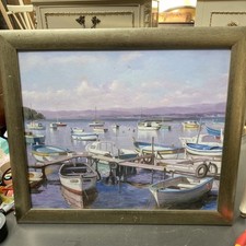 Original Oil Painting In Board Boats in The Harbour Signed Framed