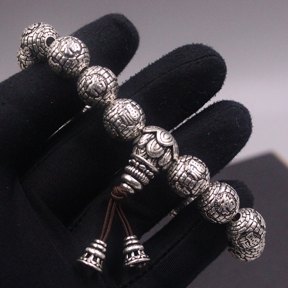 Real S999 Fine Silver 999 Bangle Men Women 12mm Round Fu Beads