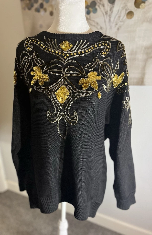 Suéter mediano Western Collection vintage años 80 para mujer lentejuelas negras con cuentas Foto 4 de 4