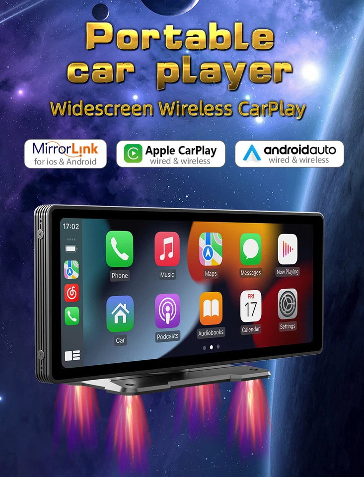 10" Wireless Touch Screen BT Android Auto HD Portable Multimedia Apple Carplay - Image 4 of 4