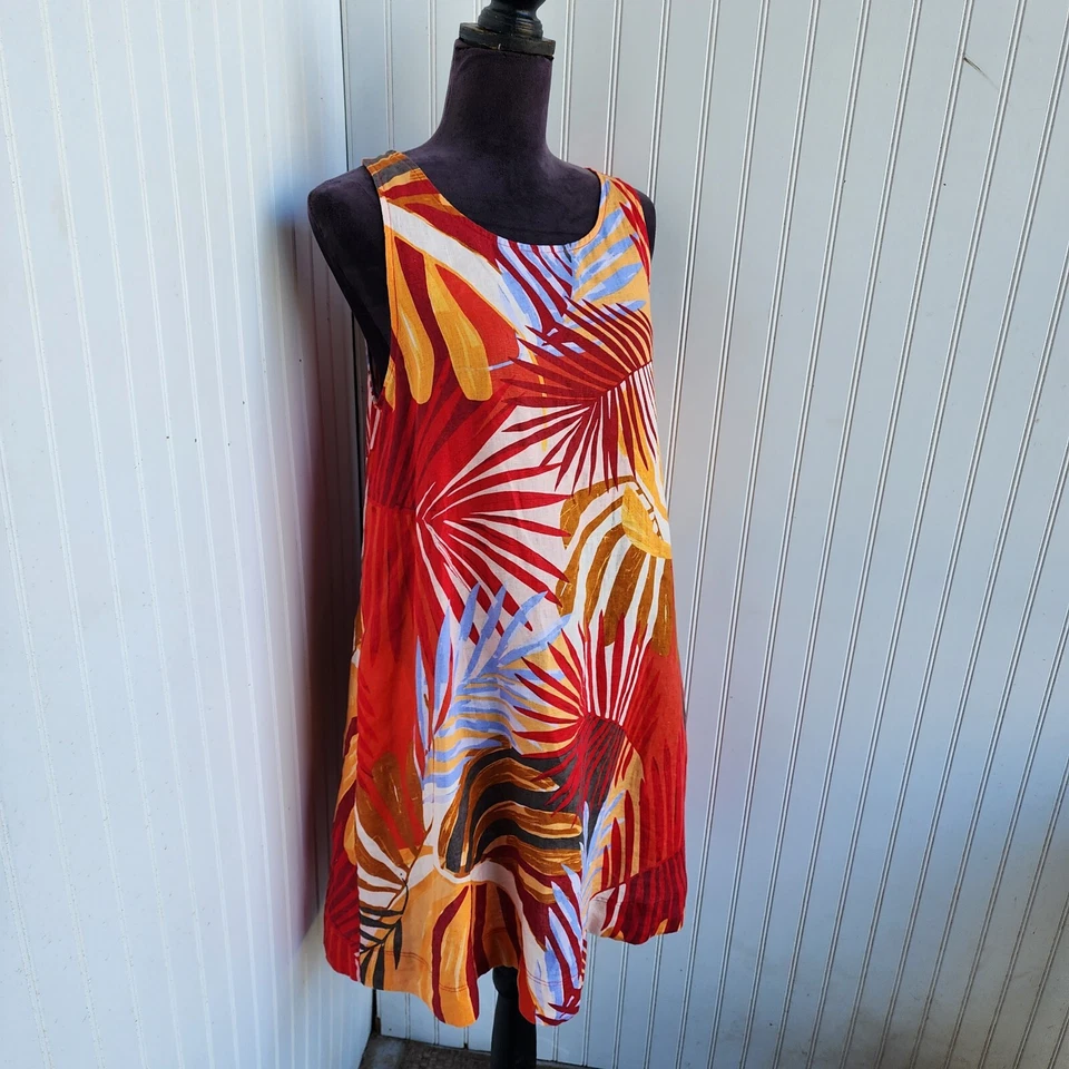 C&C California Dress Women's 100% Linen Red Orange Boho Floral Sleeveless Sz M - Image 4 of 4