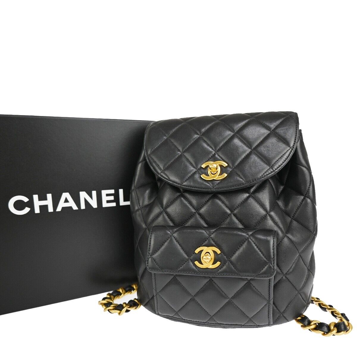 CHANEL CC Logo Matelasse Chain Backpack Bag Leather Black CHANEL CC Logo Matelasse Chain Backpack Bag Leather Black