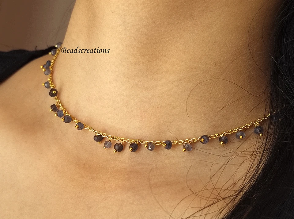 Collar de cadena de cuentas brillantes de iolita natural de plata de ley 925 para regalo su collar Foto 3 de 4