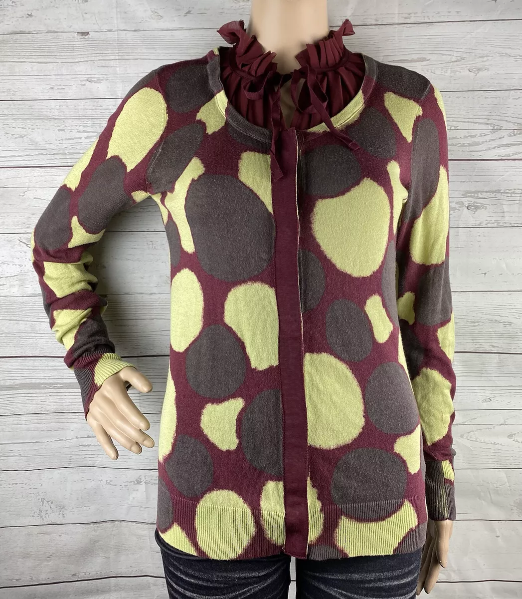 Simply Vera Wang Cardigan Small Lime Green Burgundy Gray Print Thin Knit Ruffled