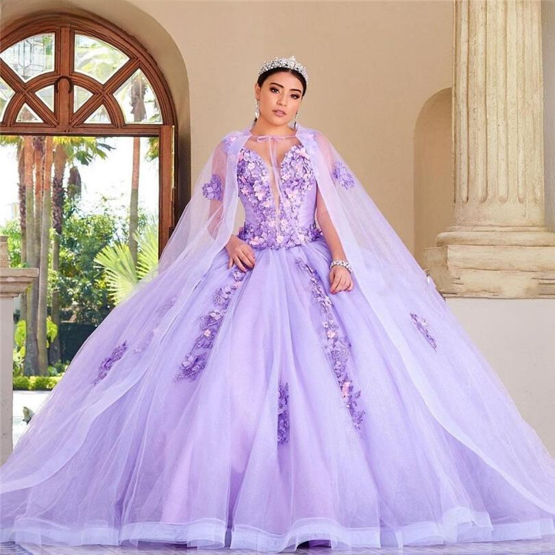 Purple Quinceanera Dresses Ball Gown With 3D Flower Applique Lace-up Sweet  16