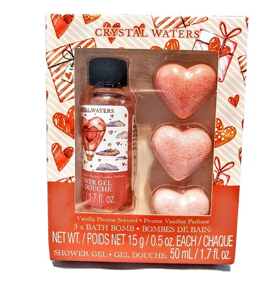 Crystal Waters Vanilla Scent Heart Bath Bomb Shower Gel Valentine's Day Gift Set