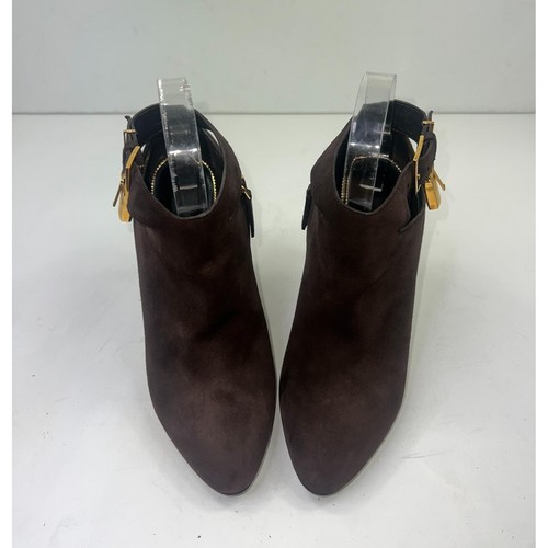 TOM FORD Brown Suede Almond Toe Padlock Ankle Strap Booties Size EU38.5 - Picture 3 of 14