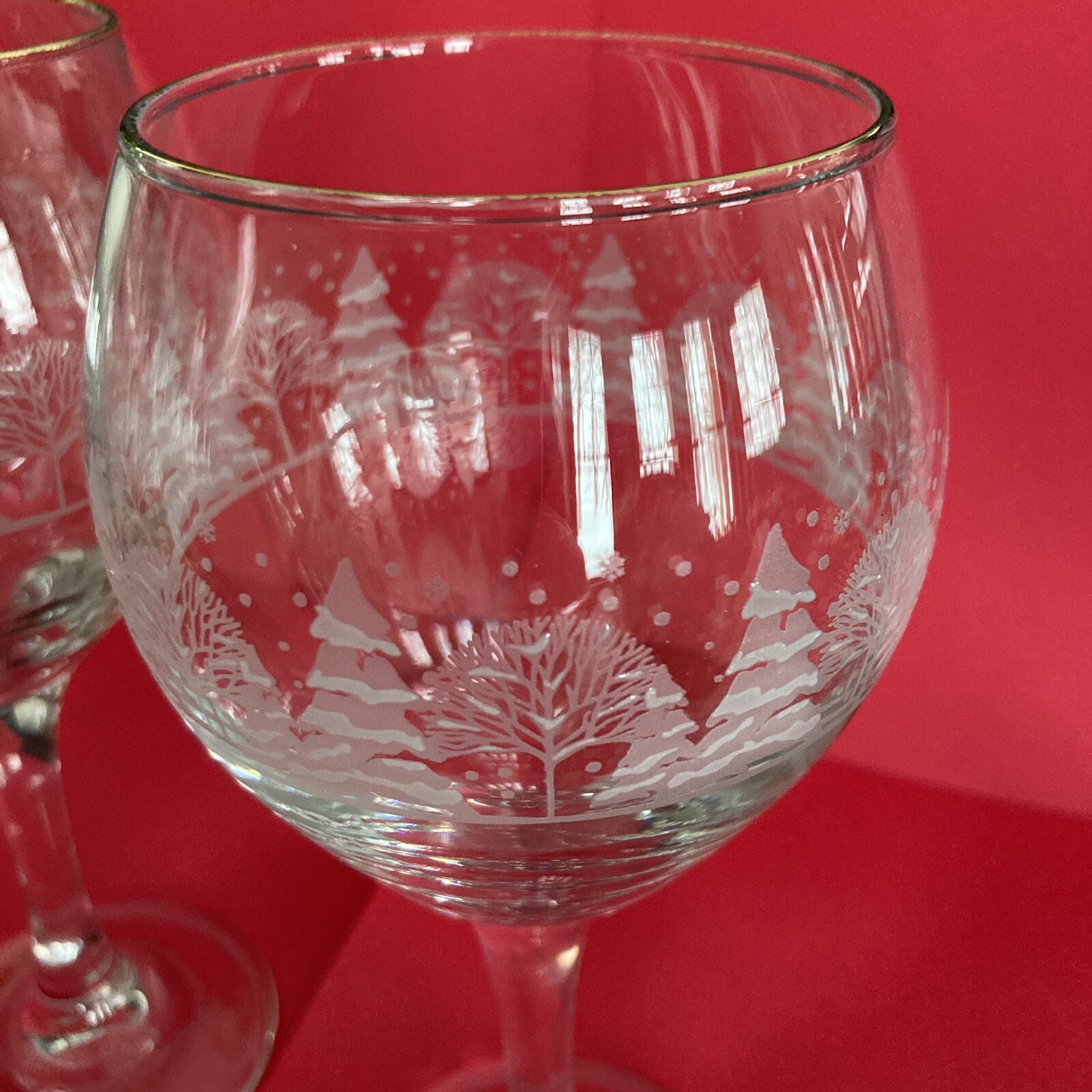 2 Vintage Arby's Libbey Frosted Winter Scene Wine Glasses Goblets Gold ...