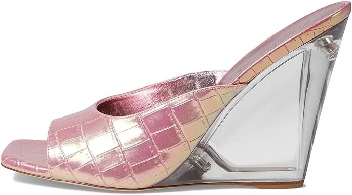 $525 Stuart Weitzman Tia 100 Lucite Wedge Croc Leather Mule Metallic Pink 8.5 - Image 4 of 4