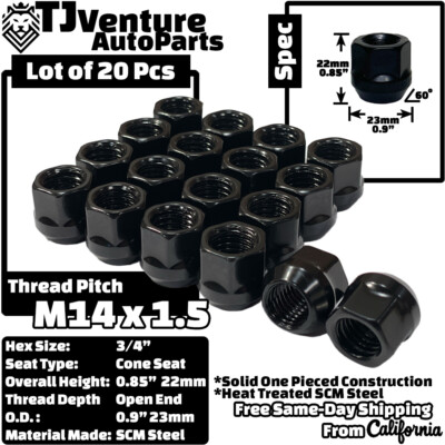 20Pc Black M14x1.5 Open End Lug Nut 3/4