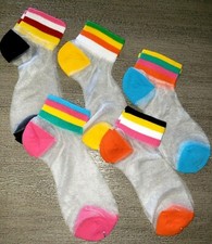 girls NEW RAINBOW STRIPE 5 PAIR SOCKS 8 inch long toe to heel SHEER IN CENTER 