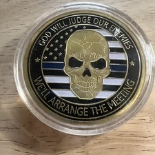 Police Shield Skull Challenge Coin God Will Judge Our Enemies New. Gold Tone