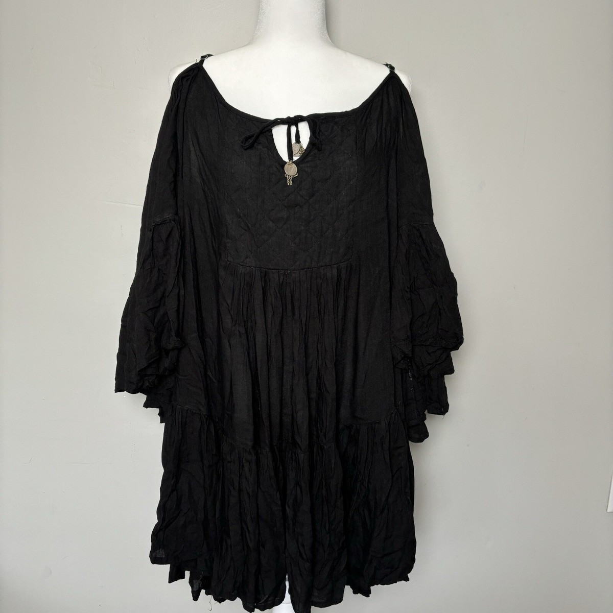 Pachamama Black Boho Cold Shoulder Mini Dress-Quilted Yoke-Coin  Tassels-Small | eBay