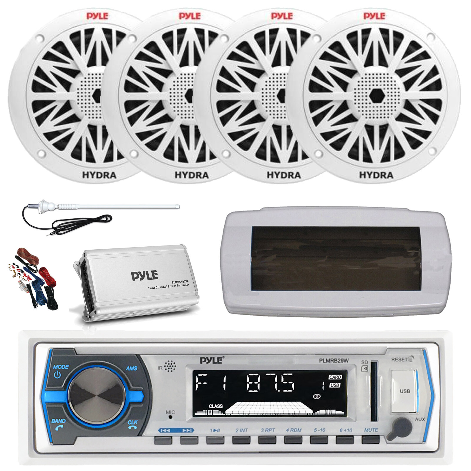 Pyle Bluetooth Marine Radio Kit with Cover, Antenna, Amp, and 4x 300W 8-Inch White Speakers