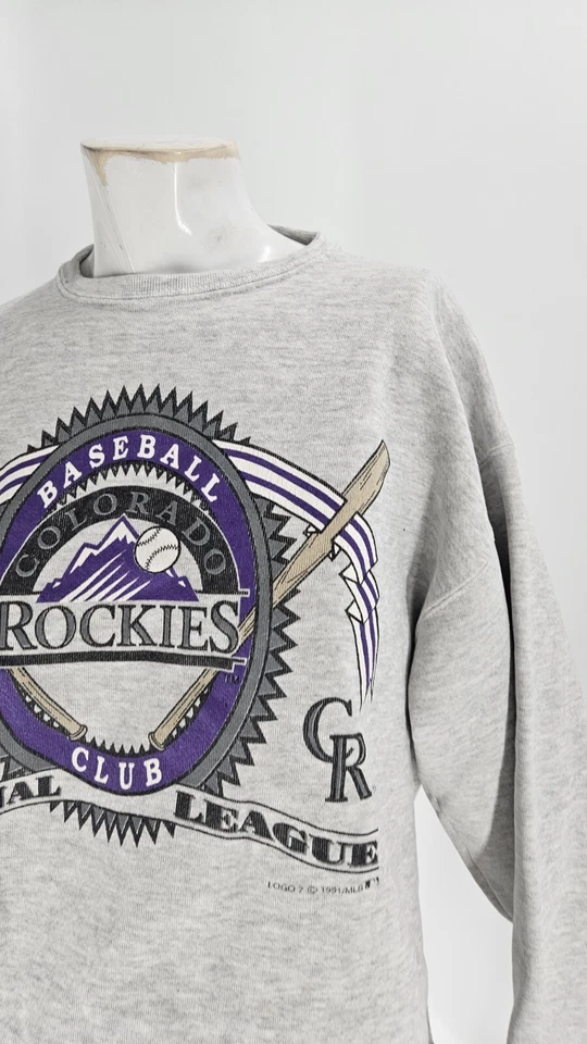 Logo 7 Men's Sweater Large Vintage Gray Cotton Colorado Rockies 1991 Graphic - Image 2 of 4