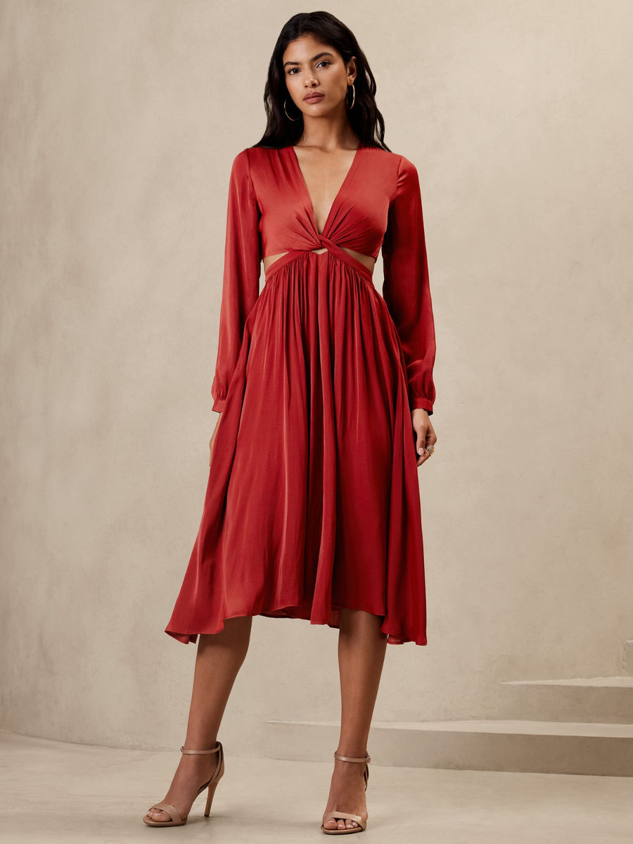 New! Banana Republic Factory Twist Front MIDI Dress Rust Satin Feel Size  16TALL | eBay