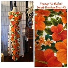 VTG 50/60s Ui-Maikai Hawaiian 50 Long Dress Wom. Estim. XS Hibiscus Florals
