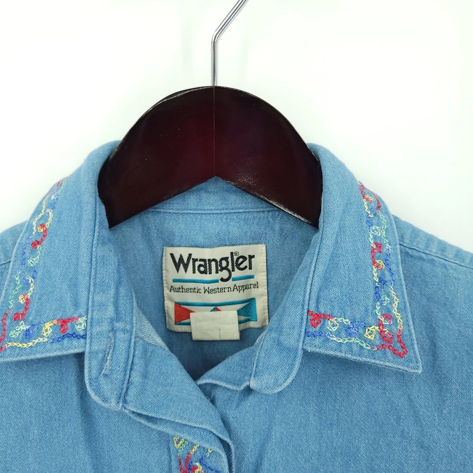 Vintage 90s Wrangler Western Shirt Girls Large 14 Blue Button Up Embroidered - Image 4 of 4