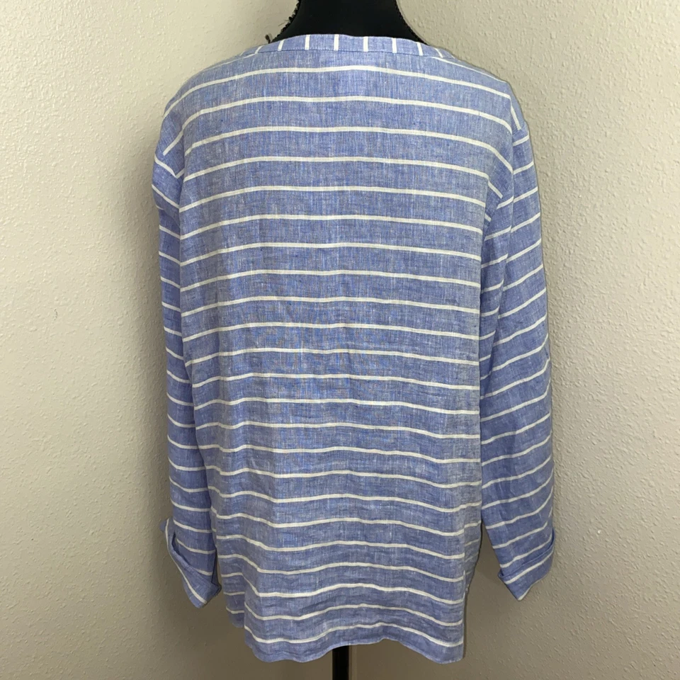 C&C California Women's XL Blouse Blue & White Striped Casual Breathable Linen - Image 2 of 4