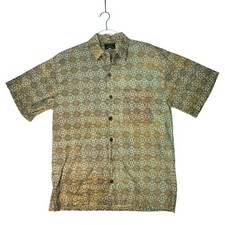 Gold Mermaid Batik Cotton Shirt Men's L Brown Tribal Geo Boho Art Resort Vintage