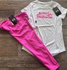 NWT Under Armour YSM Girls Pink/White CHASE POSSIBILITES Ankle Crop Leggings Set
