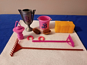 Barbie Stable Accessories - Bucket, Trophy, Hay Bale, Horseshoes, Combs, Rakes