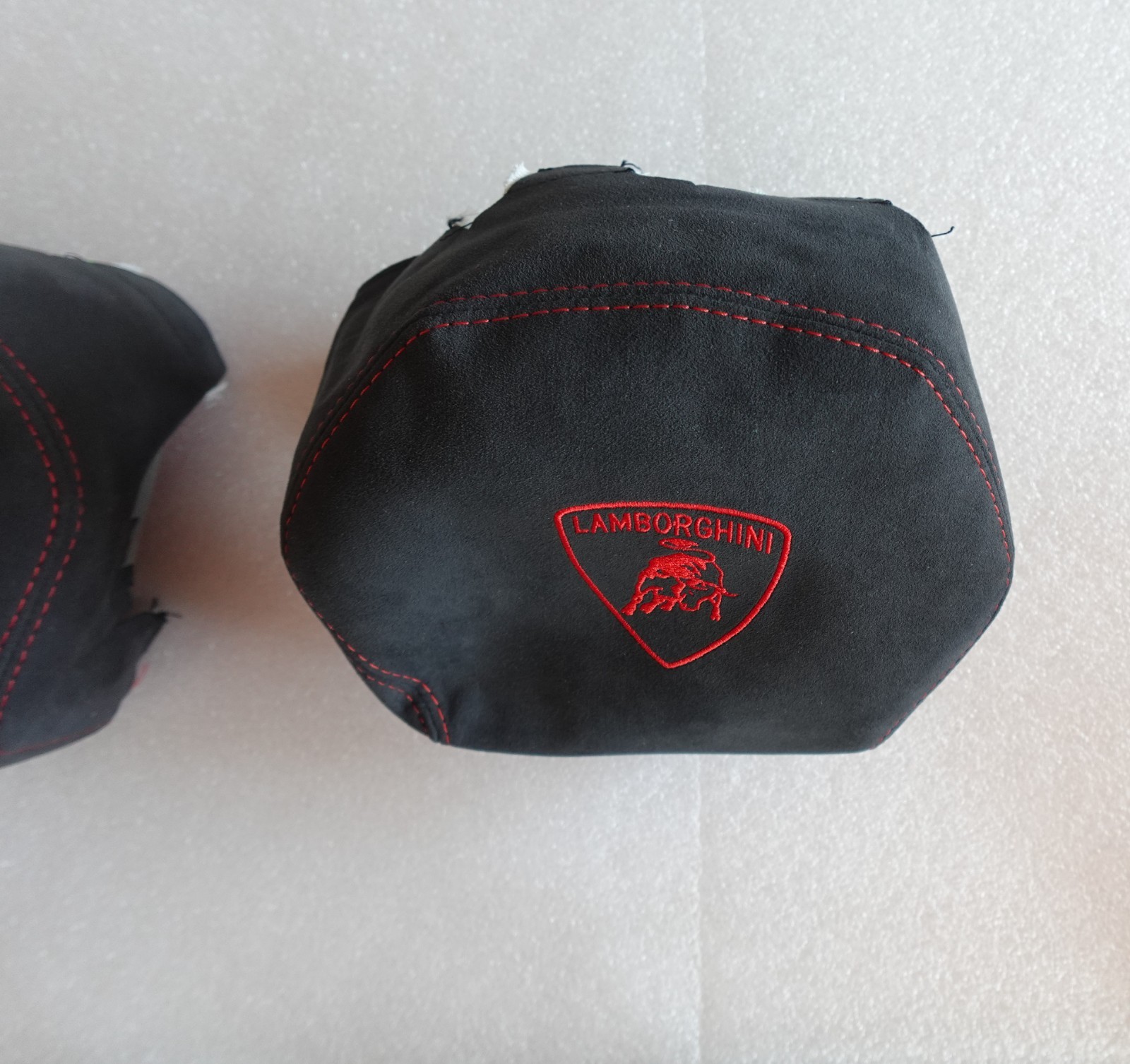 LAMBORGHINI AVENTADOR ALCANTARA RED STITCHING OEM LOGO HEADREST COVERS SET R & L