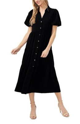 CeCe Women's Collared Short-Sleeve Tiered Shirtdress Size Medium Black