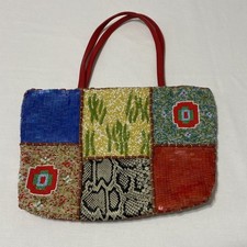 VTG Christina Shoulder Bag Multi-Color Beaded Patchwork Leather Straps 90s