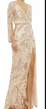 New Mac Duggal 5222 Sequined Faux Wrap Split Long Sleeve Gown Rose Gold 16