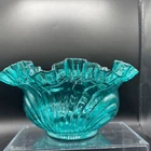 Vtg Fenton Glass Turquoise Teal Royale Caprice Swirl Ruffled Edge Bowl Vase 8”