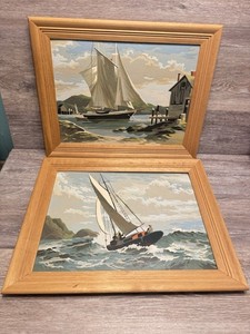 Mid Century Paint by Numbers Sailboats Nautical Boats Paintings Finished Framed