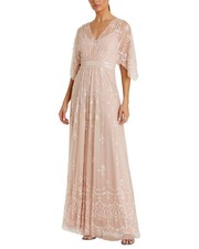 Mac Duggal V-Neck Flounce Sleeve Embellished Mesh Gown Women's