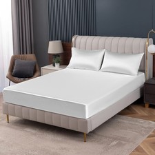 White Satin Fitted Sheet Queen Size, Deep Pocket, Luxury  Ultra Soft Bedding