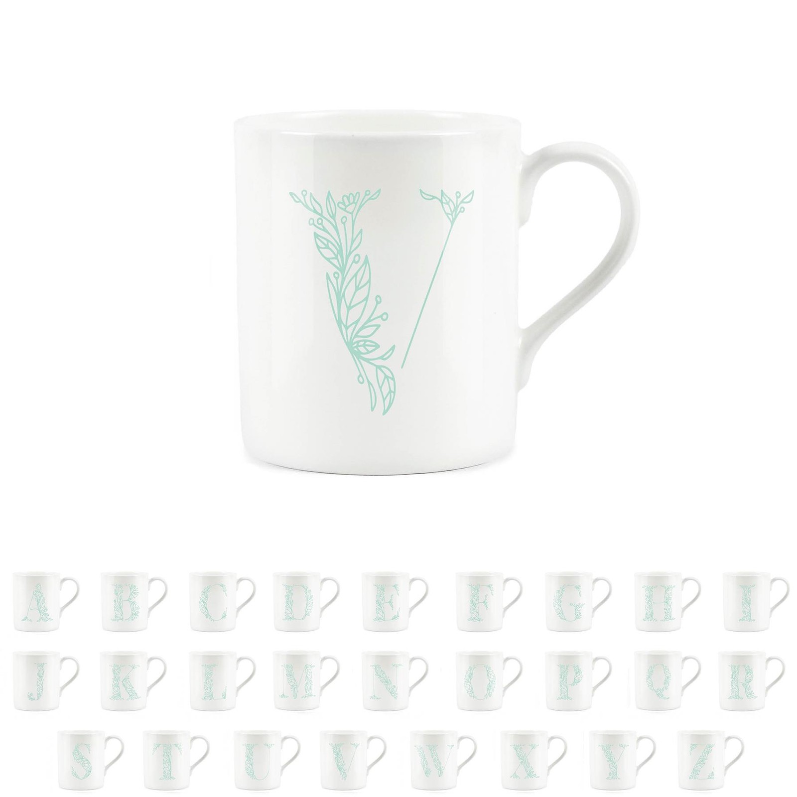 Bone China Letter Mug - Green Floral Alphabet Mug Tea/Coffee Gift - Letter V Mug